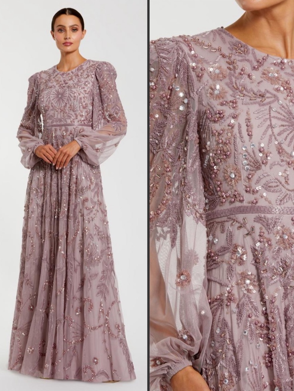 NWT MAC DUGGAL  93930 Purple Puff Sleeve Embellished A Line Gown Dress Size 14